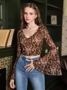 SHEIN MOD Áo nữ Xù Hoa Boho - Cà phê nâu - Xem 1