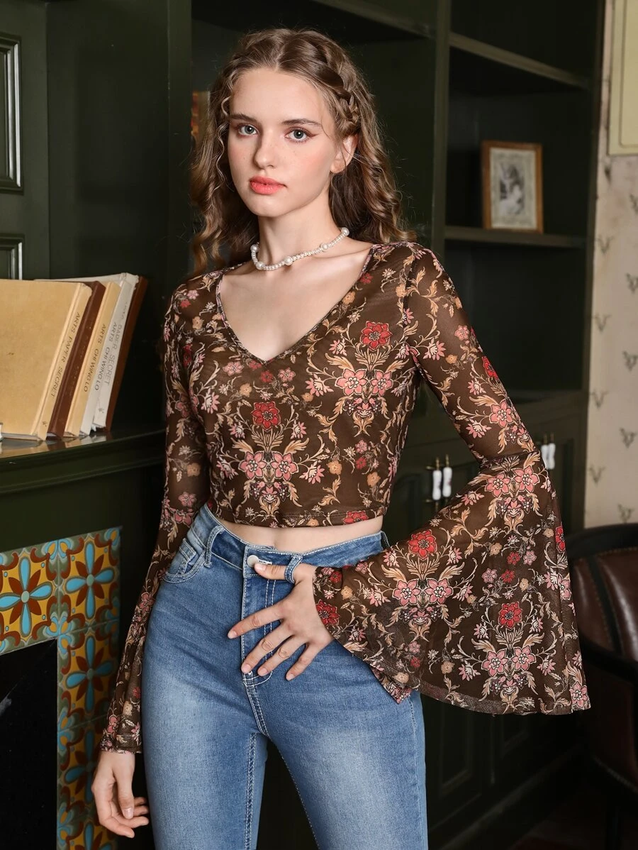 SHEIN MOD Áo nữ Xù Hoa Boho - Cà phê nâu - Xem 1