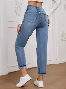 High Waist Ripped Mom Fit Jeans - Light Wash - View 6