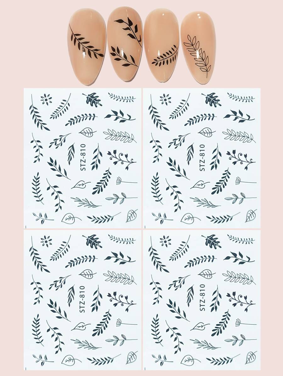 4pcs/Set Leaf Pattern Nail Art Decal Stickers Without Adhesive DIY Nail Charms Nail Gems Nail Supplies - Black - View 1