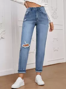 High Waist Ripped Mom Fit Jeans - Light Wash - View 4