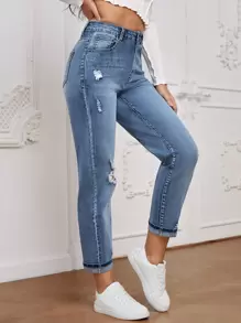 High Waist Ripped Mom Fit Jeans - Light Wash - View 5