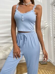 Lace Trim Button Detail Knot Front PJ Set / Pajama Set - Baby Blue - View 5