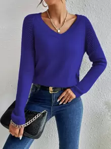 SHEIN Essnce Raglan Sleeve Pointelle Knit Jumper - Royal Blue - View 1