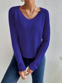 SHEIN Essnce Raglan Sleeve Pointelle Knit Jumper - Royal Blue - View 3