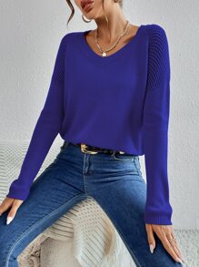 SHEIN Essnce Raglan Sleeve Pointelle Knit Jumper - Royal Blue - View 5