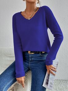 SHEIN Essnce Raglan Sleeve Pointelle Knit Jumper - Royal Blue - View 6