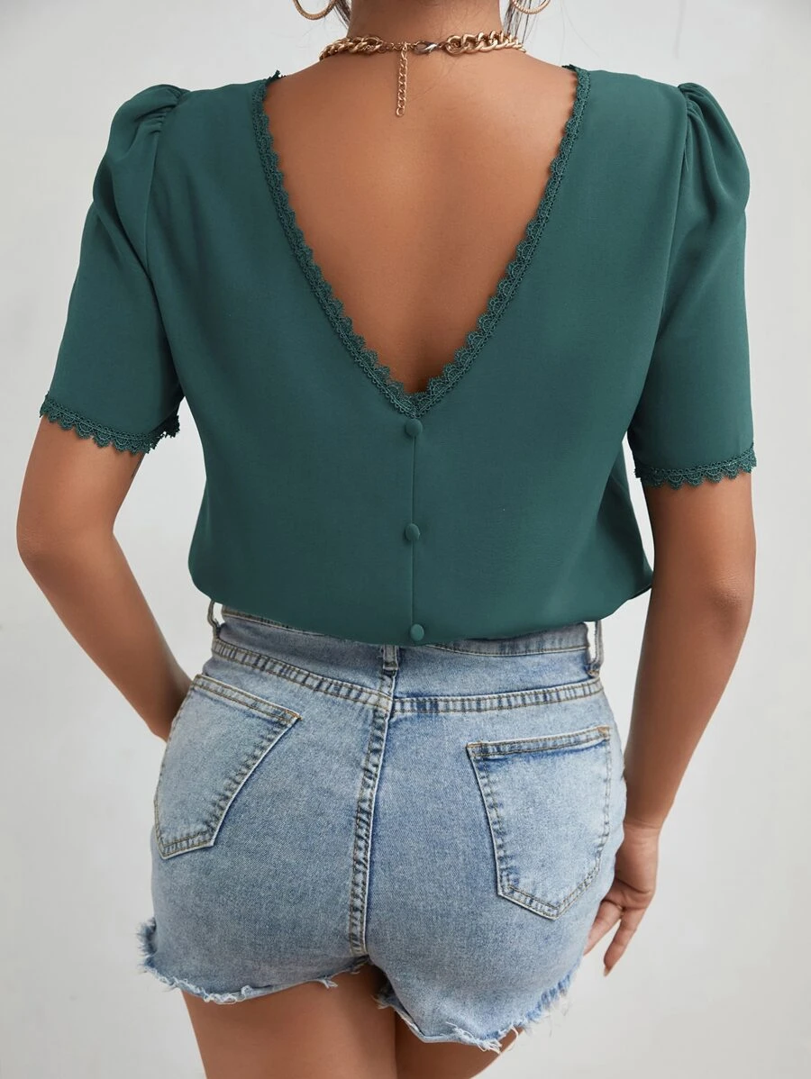 SHEIN Frenchy Guipure Lace Detail Fake Button V-back Puff Sleeve Blouse - Dark Green - View 1