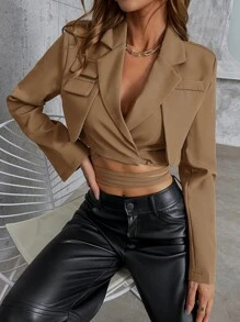 SHEIN SXY Áo khoác  âu phục nữ Buộc lại Trọn gói màu trơn Thanh lịch - màu nâu - Xem 1