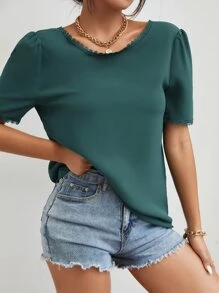 SHEIN Frenchy Guipure Lace Detail Fake Button V-back Puff Sleeve Blouse - Dark Green - View 4