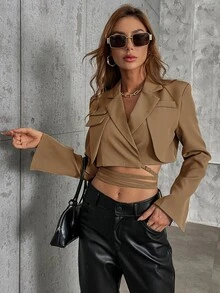 SHEIN SXY Áo khoác  âu phục nữ Buộc lại Trọn gói màu trơn Thanh lịch - màu nâu - Xem 4