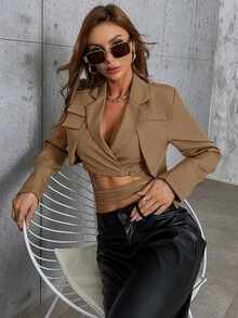 SHEIN SXY Áo khoác  âu phục nữ Buộc lại Trọn gói màu trơn Thanh lịch - màu nâu - Xem 5