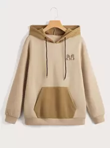 SHEIN EZwear Áo nỉ ấm áp Đồ họa Hoạt hình Túi kangaroo - Màu Khaki - Xem 1