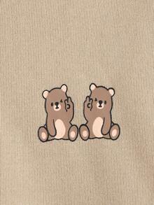 SHEIN EZwear Áo nỉ ấm áp Đồ họa Hoạt hình Túi kangaroo - Màu Khaki - Xem 4