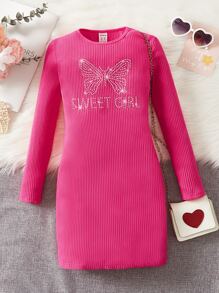 SHEIN Cô gái Tween Pha lê Chữ & Bướm Mẫu Váy liền áo vừa vặn - Màu Hồng Tươi - Xem 1