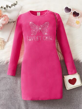 SHEIN 女孩水鑽字母與蝴蝶圖案緊身連衣裙