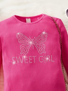 SHEIN Cô gái Tween Pha lê Chữ & Bướm Mẫu Váy liền áo vừa vặn - Màu Hồng Tươi - Xem 3