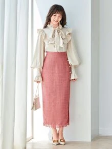 Modelyn 前紐扣毛邊粗花呢半身裙 - 藕粉色 - 查看 3