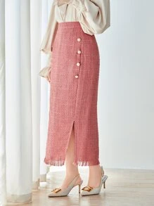 Modelyn 前紐扣毛邊粗花呢半身裙 - 藕粉色 - 查看 4