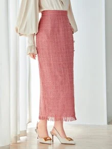 Modelyn 前紐扣毛邊粗花呢半身裙 - 藕粉色 - 查看 5