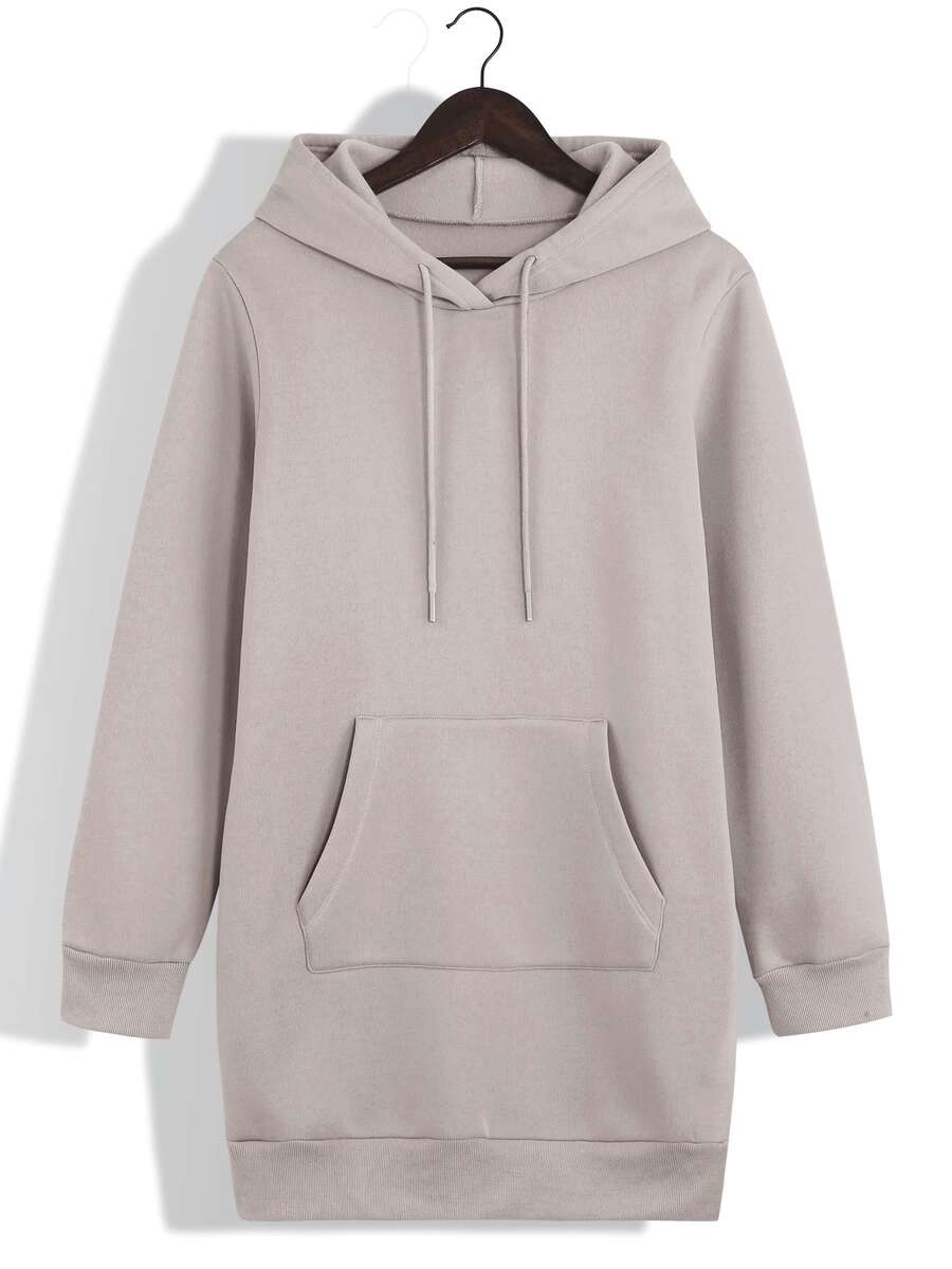 SHEIN EZwear Solid Kangaroo Pocket Drawstring Thermal Lined Long Hoodie - Khaki - View 1