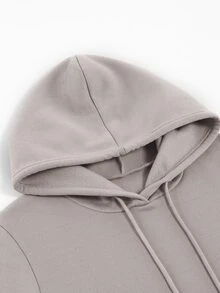 SHEIN EZwear Solid Kangaroo Pocket Drawstring Thermal Lined Long Hoodie - Khaki - View 3