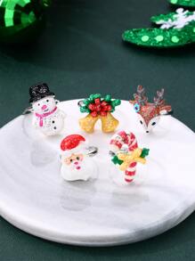 5pcs Girls' Christmas Themed Plastic Ring Set With Candy Canes, Snowmen, Antlers And Snowflakes In A Gift Box - Multicolor - View 1