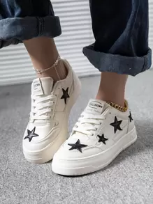 女士时尚百搭星星设计白色系带休闲透气平底凉鞋，适合户外/运动跑步
