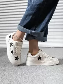 女士时尚百搭星星设计白色系带休闲透气平底凉鞋，适合户外/运动跑步