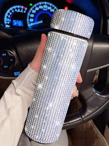 1 pieza Botella termo con diseño de diamante de imitación - Plateado - Ver 4