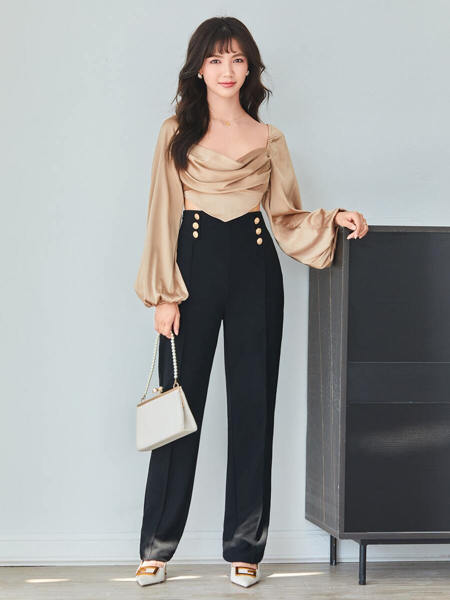 Modelyn 按折痕假鈕扣直筒褲 - 黑色 - 查看 1