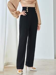 Modelyn 按折痕假鈕扣直筒褲 - 黑色 - 查看 3