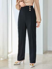 Modelyn 按折痕假鈕扣直筒褲 - 黑色 - 查看 5