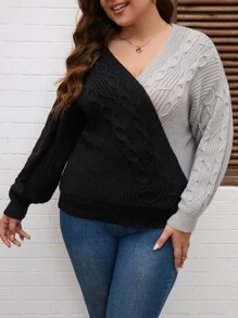 SHEIN Clasi Plus Two Tone Cable Knit Drop Shoulder Jumper - Multicolor - View 4