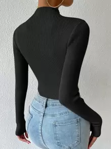 SHEIN Unity Suéter corto de punto acanalado con cuello alto, parte superior de manga larga de punto, otoño e invierno - Negro - Ver 2