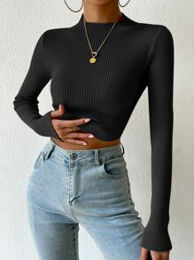 SHEIN Unity Suéter corto de punto acanalado con cuello alto, parte superior de manga larga de punto, otoño e invierno - Negro - Ver 3