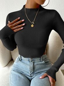 SHEIN Unity Suéter corto de punto acanalado con cuello alto, parte superior de manga larga de punto, otoño e invierno - Negro - Ver 6