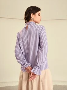SHEIN Striped Flounce Sleeve Frilled Neck Blouse - Lilac Purple - View 2