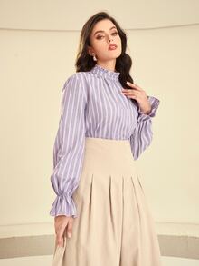 SHEIN Striped Flounce Sleeve Frilled Neck Blouse - Lilac Purple - View 5