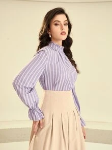 SHEIN Striped Flounce Sleeve Frilled Neck Blouse - Lilac Purple - View 6