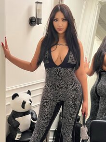 波卡圓點深V領彈力緊身連體褲 - 黑與白 - 查看 4