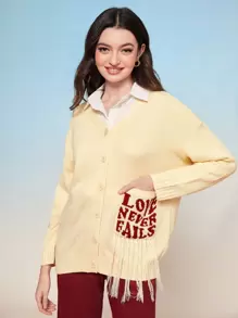 Mulvari Slogan Pattern Fringe Trim Drop Shoulder Cardigan - Yellow - View 1