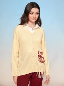 Mulvari Slogan Pattern Fringe Trim Drop Shoulder Cardigan - Yellow - View 3