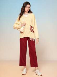 Mulvari Slogan Pattern Fringe Trim Drop Shoulder Cardigan - Yellow - View 4