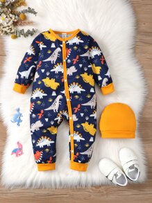 男嬰恐龍印花撞色滾邊連身褲和帽 - 藏蓝色 - 查看 3
