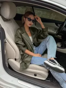 DAZY Open Front Belted PU Trench Coat - Dark Green - View 1