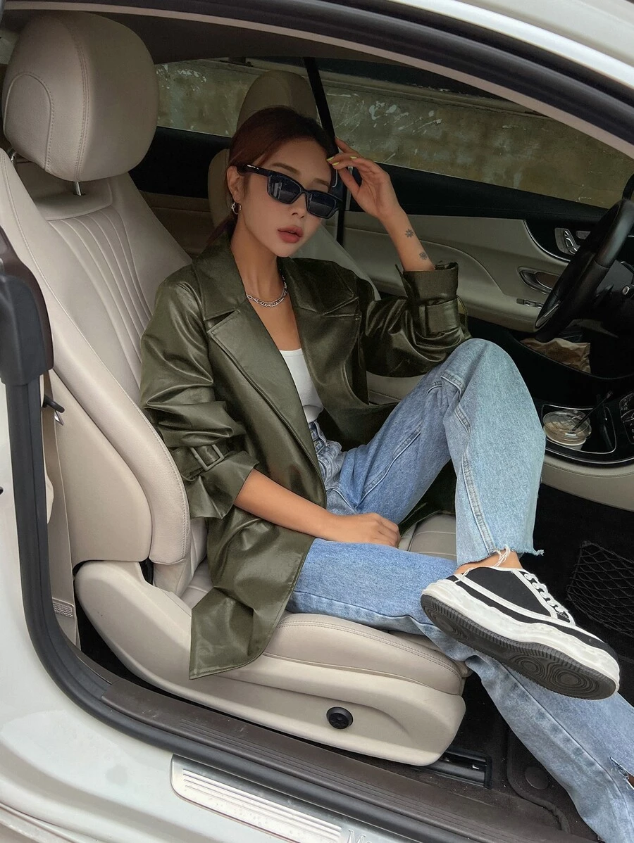 DAZY Open Front Belted PU Trench Coat - Dark Green - View 1