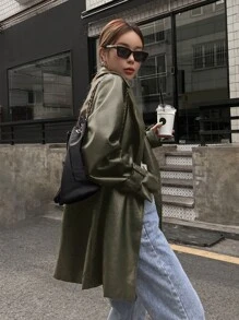 DAZY Open Front Belted PU Trench Coat - Dark Green - View 3