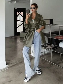 DAZY Open Front Belted PU Trench Coat - Dark Green - View 5