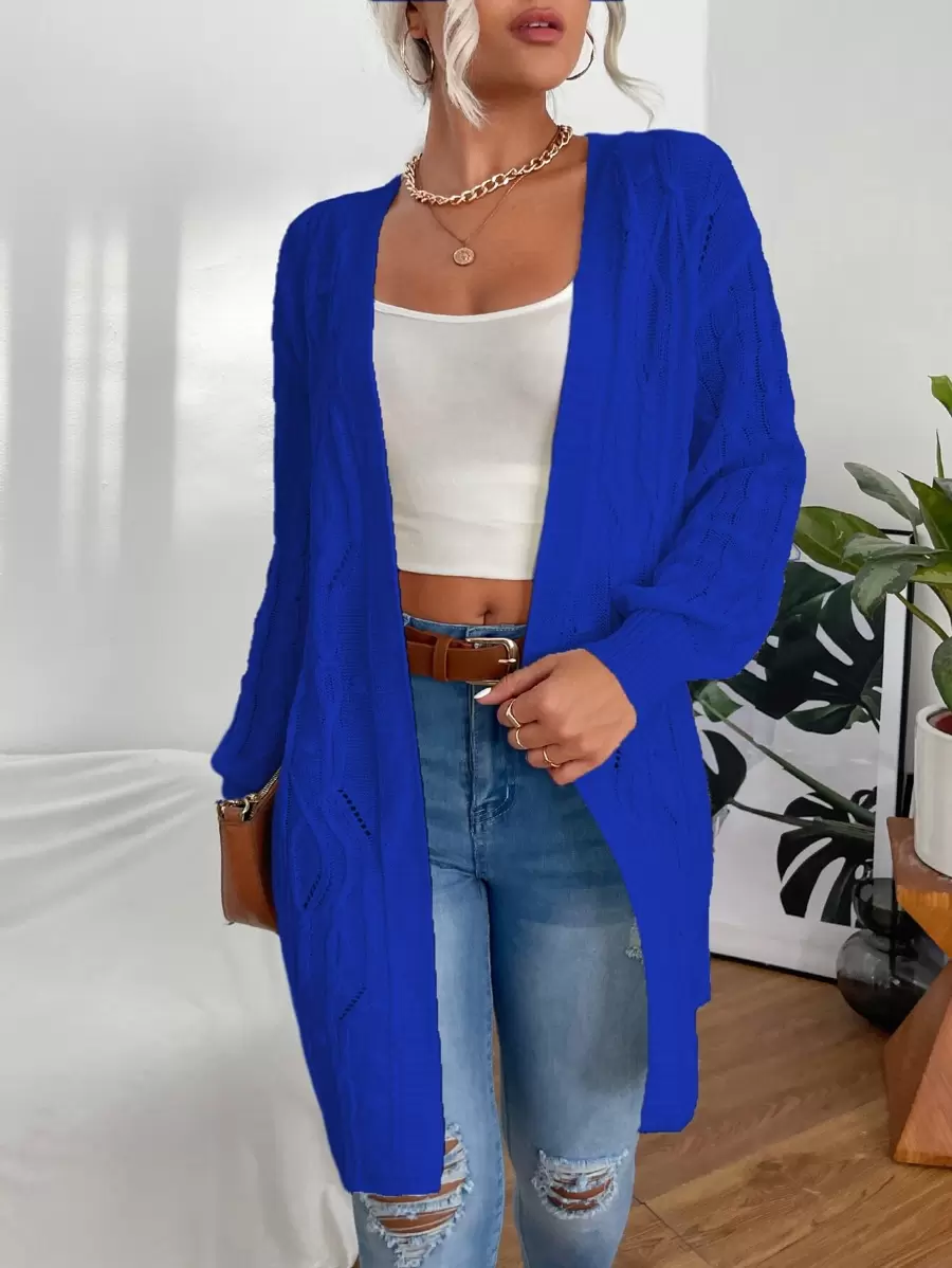 SHEIN LUNE Cable Knit Drop Shoulder Duster Cardigan - Royal Blue - View 1
